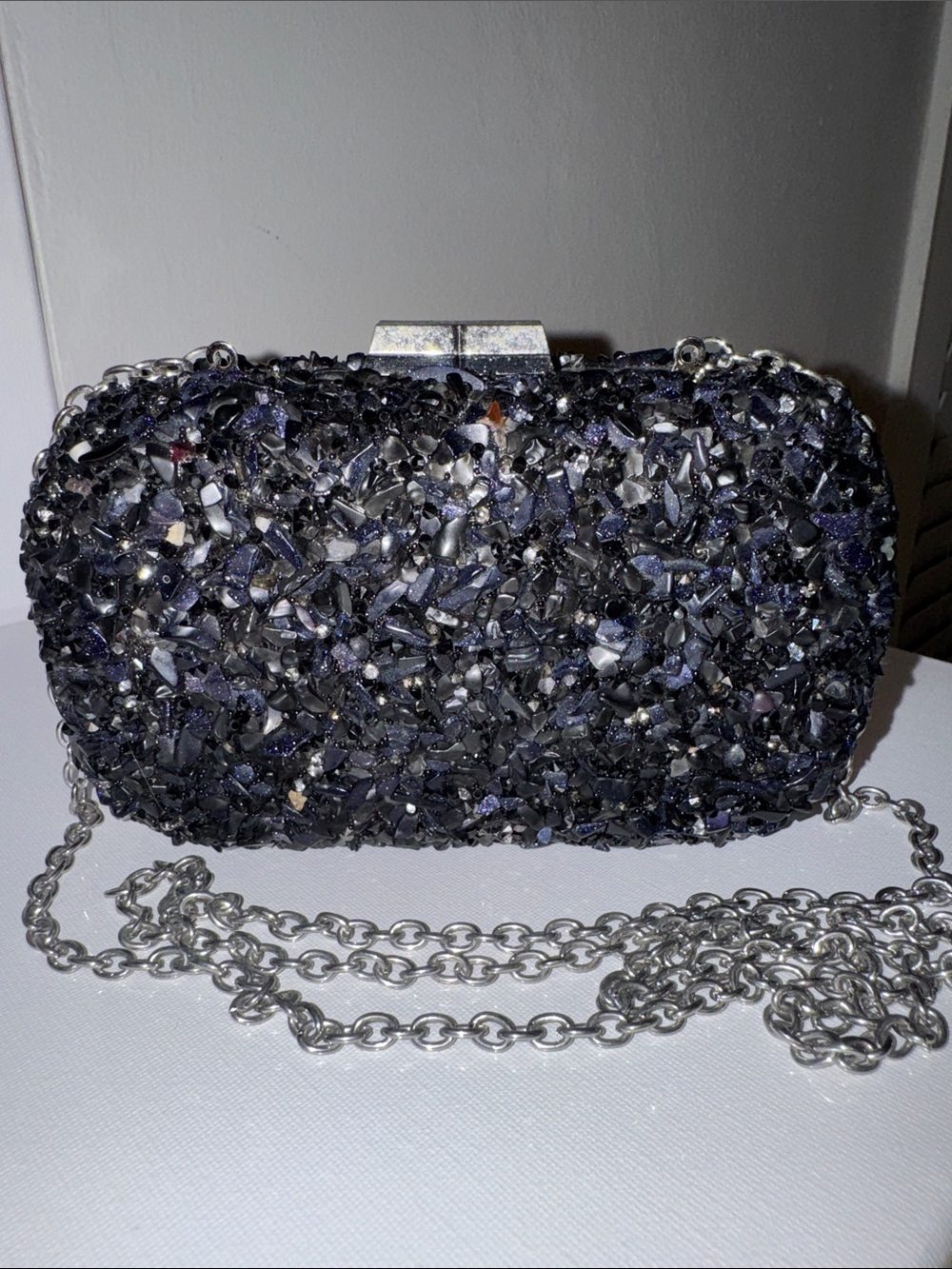 BCBGMAXAZRIA Glass Stone Evening Clutch Minaudiere Blue & Black